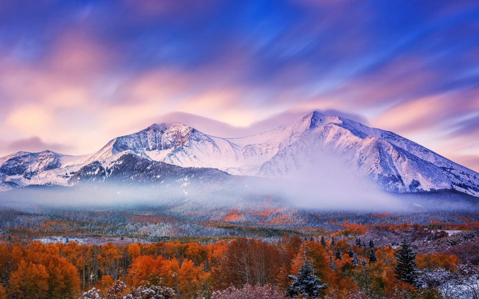 Autumn morning, mountains, sky, snow, forest wallpaper,Autumn HD wallpaper,Morning HD wallpaper,Mountains HD wallpaper,Sky HD wallpaper,Snow HD wallpaper,Forest HD wallpaper,1920x1200 wallpaper