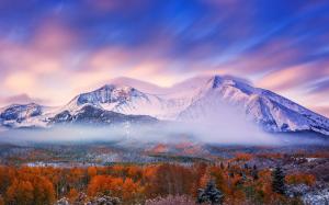 Autumn morning, mountains, sky, snow, forest wallpaper thumb