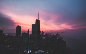 Chicago city, USA, skyscrapers, red sky, dusk, sunset wallpaper thumb