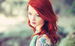 Red hair girl, tattoos, blur background wallpaper thumb