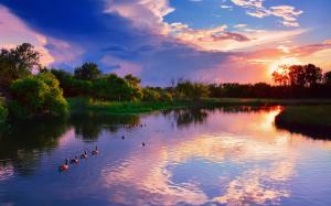 USA, Kansas, Wichita, Chisholm Creek Park, sunset, lake, trees, ducks wallpaper thumb