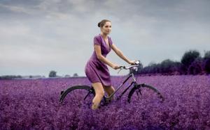 Girl Bike Field Flowers Purple wallpaper thumb