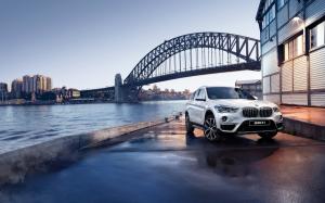 BMW X1 F48 white car, bridge, river, dusk wallpaper thumb