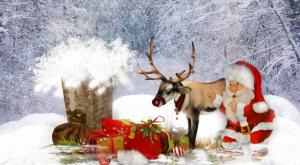 deer, santa claus, pipe, roof, gifts, christmas wallpaper thumb