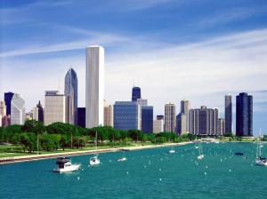 Chicago, City, Cityscape, Buildings, Trees, Ships, Lake, Coast, Blue Sky wallpaper thumb