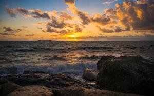 Sunset Clouds Ocean Rocks Stones HD wallpaper thumb