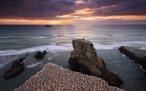 Beach Sunset Rocks Stones Clouds HD wallpaper thumb