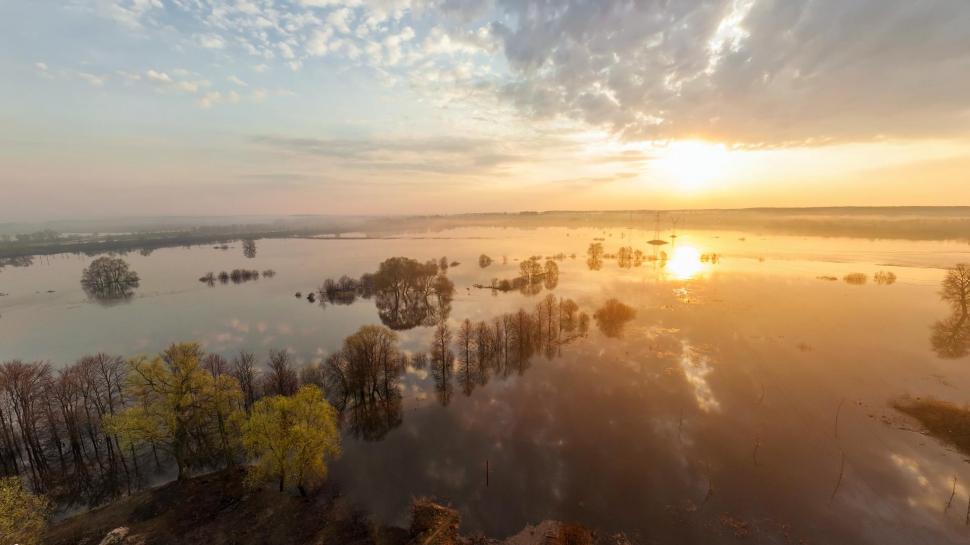 Sunset On Flooded Lscape wallpaper,trees HD wallpaper,flood HD wallpaper,clouds HD wallpaper,electric poles HD wallpaper,sunset HD wallpaper,nature & landscapes HD wallpaper,1920x1080 wallpaper
