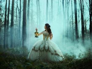 Girl in forest, lantern, retro dress, Bella Kotak wallpaper thumb