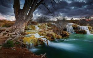 Nature, Landscape, Waterfall, Trees, Pond, Roots, Sky, Fairy Tale wallpaper thumb