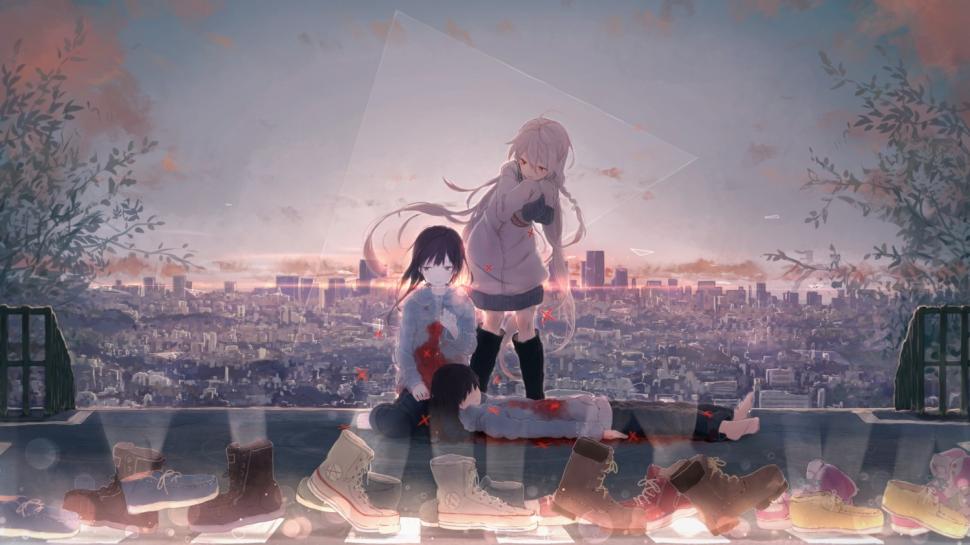Anime Girls, Anime, Blood, Trees, Shoes, Buildings wallpaper,anime girls wallpaper,anime wallpaper,blood wallpaper,trees wallpaper,shoes wallpaper,buildings wallpaper,1500x843 wallpaper,1500x843 wallpaper
