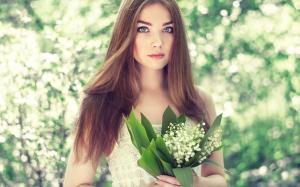 Beautiful young girl, portrait, bouquet lilies wallpaper thumb