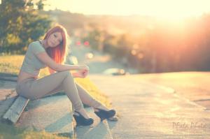 Women, Model, Redhead, Sitting, Jeans, Sunset, Outdoors wallpaper thumb