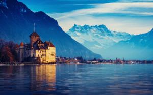 Switzerland, Lake Geneva, house, mountains, water, blue sky wallpaper thumb