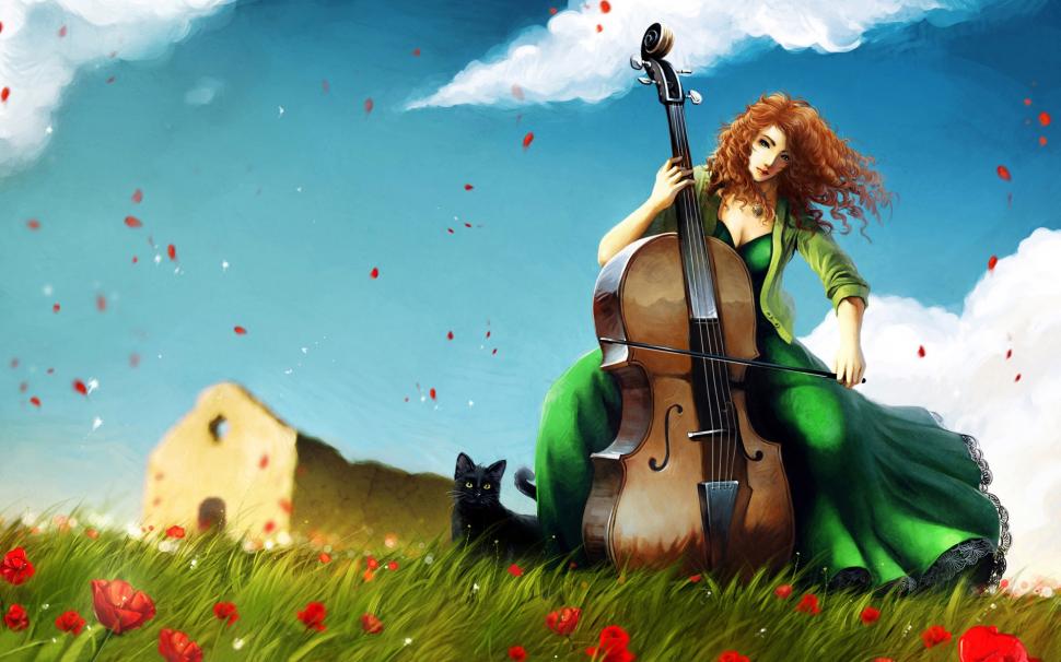 Cello girl on the grass wallpaper,Cello HD wallpaper,Girl HD wallpaper,Grass HD wallpaper,1920x1200 wallpaper