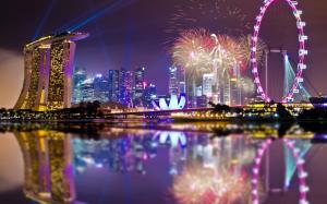 Singapore, Architecture, Fireworks, Lights, Night, Reflection, Marina Bay, Ferriswheel, City, Cityscape, Skyscraper wallpaper thumb