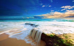 Sea, sky, clouds, beach water flow waterfall, beautiful scenery wallpaper thumb