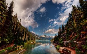 Nature landscape, river, trees, mountains, clouds wallpaper thumb