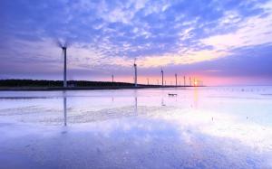 Taiwan, sea shore, windmills, sunset evening, water reflection, sky clouds wallpaper thumb