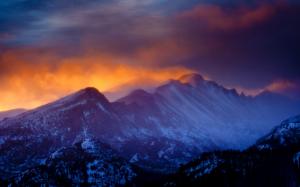 Nature, Landscape, Mountain, Sunset, Rocky Mountain National Park, Clouds, Forest, Mist, Snowy Peak, Winter wallpaper thumb
