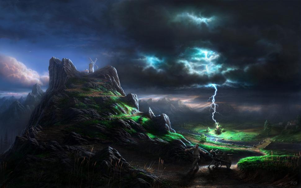 Lightning Clouds Storm Drawing Windmill Mountain HD wallpaper,fantasy wallpaper,drawing wallpaper,clouds wallpaper,mountain wallpaper,lightning wallpaper,storm wallpaper,windmill wallpaper,1440x900 wallpaper