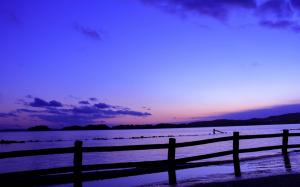 Japan, sea, fence, evening, sunset, blue, lilac sky wallpaper thumb