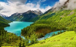 Beautiful nature scenery, green, trees, lake, river, mountains, clouds wallpaper thumb