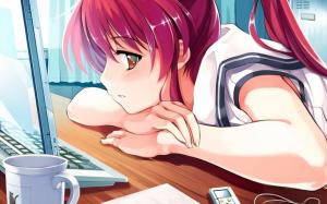 Anime Girls, Anime, Schoolgirls, Table, Computer, Cup, Long Hair wallpaper thumb