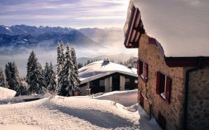 House Trees Mountains Snow Winter HD wallpaper thumb