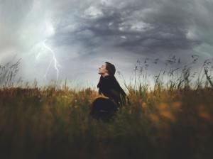 Nature, storm, clouds, girl, grass, lightning wallpaper thumb