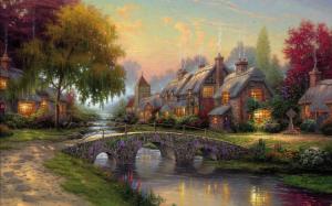 Art painting, cobblestone bridge, cottage, river, houses, trees wallpaper thumb