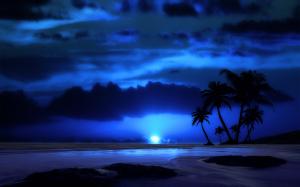 Evening, night, sky, clouds, sea, tropical, palm tree, moon wallpaper thumb