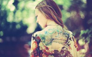 girl, back, dress, tattoos, nature, background, style, fashion wallpaper thumb
