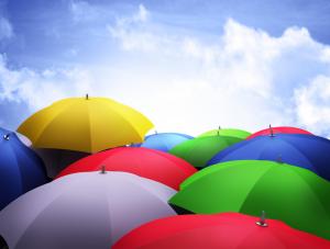 umbrellas, 3d, sky, clouds, colorful wallpaper thumb