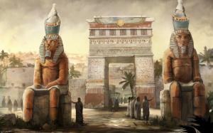 fantasy, art, people, digital art, egyptian, statue, town, hieroglyphics, stone house wallpaper thumb