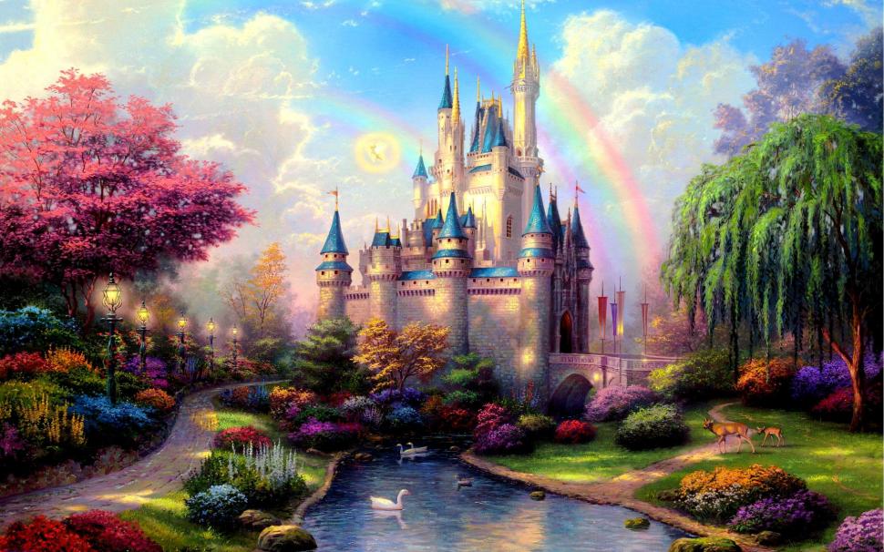 New Day At Cinderella's Castle wallpaper,trail HD wallpaper,castle HD wallpaper,deer HD wallpaper,flowers HD wallpaper,trees HD wallpaper,thomas kinkade HD wallpaper,river HD wallpaper,disneyland HD wallpaper,lights HD wallpaper,bridge HD wallpaper,cinderella c HD wallpaper,1920x1200 wallpaper