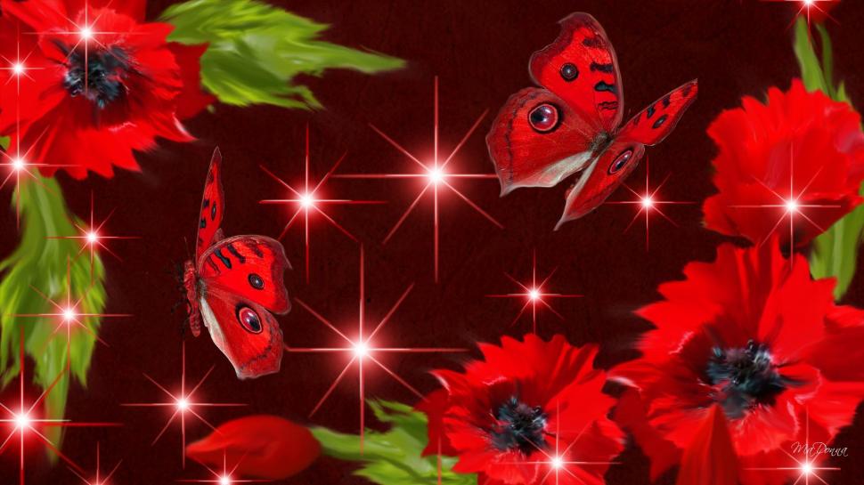 Poppies So Red wallpaper,spring HD wallpaper,red poppies HD wallpaper,red butterflies HD wallpaper,stars HD wallpaper,sparkles HD wallpaper,summer HD wallpaper,flowers HD wallpaper,3d & abstract HD wallpaper,1920x1080 wallpaper