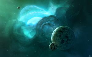 Planets Stars Green Nebula HD wallpaper thumb