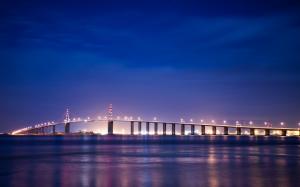 France, Brittany, river, bridge, night lights wallpaper thumb