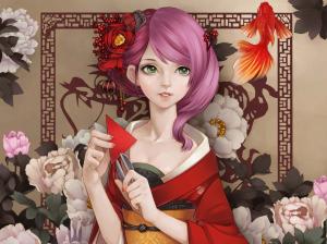Beautiful kimono Japanese anime girl, pink hair, green eyes wallpaper thumb