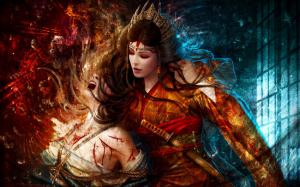 Fantasy red dress girl, torture, rope, sword wallpaper thumb