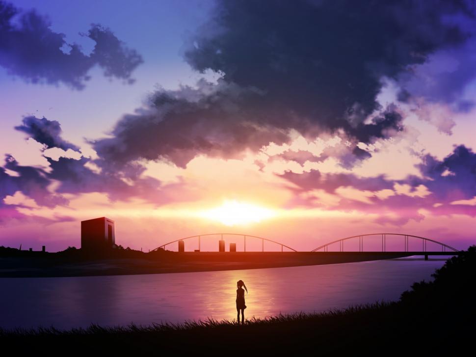 Sunset Anime Clouds Bridge HD wallpaper,cartoon/comic wallpaper,anime wallpaper,clouds wallpaper,sunset wallpaper,bridge wallpaper,1600x1200 wallpaper