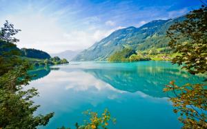 Beautiful nature landscape, lake, mountains, trees, village, blue sky, white clouds wallpaper thumb