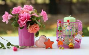 Pink rose flowers, candle, toy wallpaper thumb