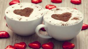 Two cups cappuccino coffee, love hearts chocolate wallpaper thumb