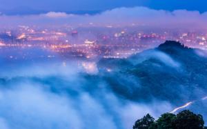 Taiwan, Taipei, city, evening, dusk, lights, mist, clouds wallpaper thumb