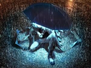 yuanmaru, man, umbrella, rain, light, night, puddles wallpaper thumb