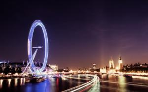 London Ferris Wheel Night Timelapse Big Ben Buildings River Boats HD wallpaper thumb