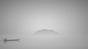 Lake, Hill, Mist, Boat, People, Mysterious, Simple, Monochrome, Gray wallpaper thumb