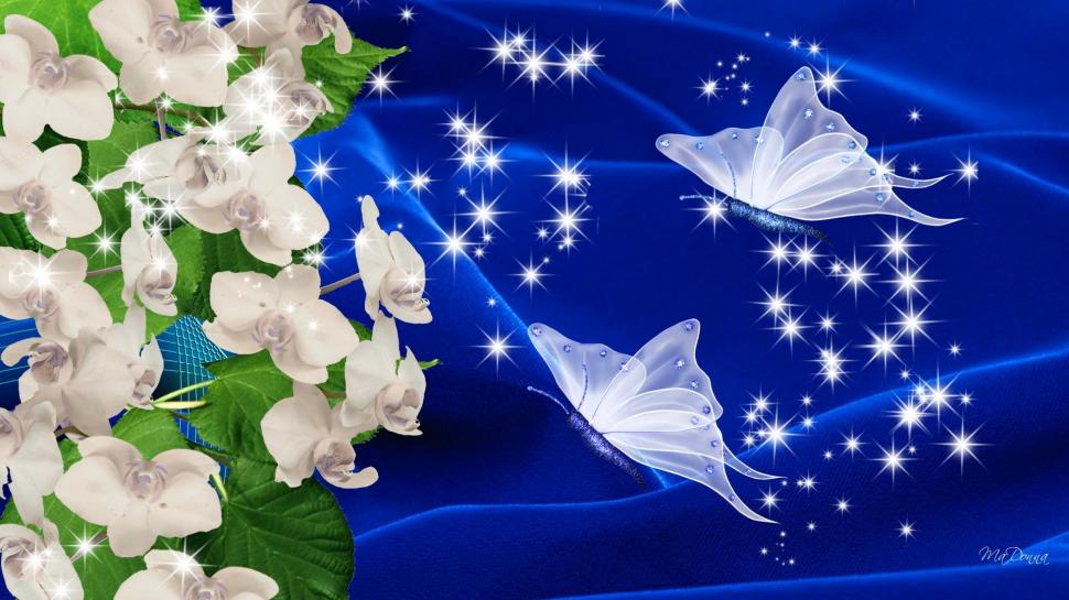 Silk Butterflies Orchids On Blue Velvet wallpaper,delicate HD wallpaper,silk butterflies HD wallpaper,orchids HD wallpaper,stars HD wallpaper,blue velvet HD wallpaper,elegant HD wallpaper,flowers HD wallpaper,3d & abstract HD wallpaper,1920x1080 wallpaper